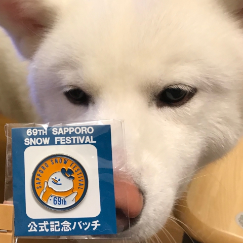 秋田犬とさっぽろ雪まつ公式バッチ